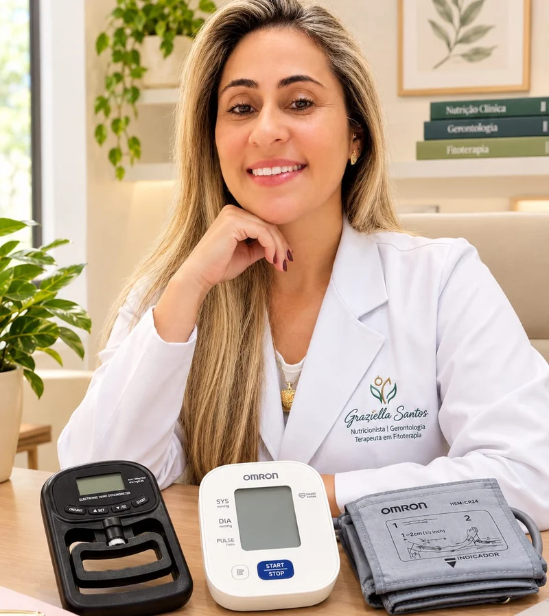 Graziella Santos sorrindo à mesa do consultório, de jaleco branco com a logo dela, ao lado do dinamômetro e do medidor de pressão